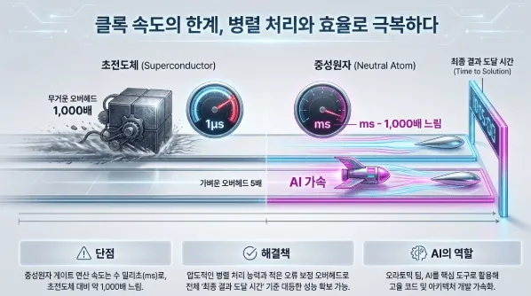 오라토믹(Oratomic): 중성원자 양자컴퓨터의 클록 속도 한계와 이를 병렬 처리 및 AI로 극복하는 전략을 설명한 인포그래픽. 초전도체(1μs)에 비해 중성원자(ms)가 약 1,000배 느리지만 가벼운 오류 보정 오버헤드와 압도적 병렬 처리로 최종 결과 도달 시간을 보상하는 구조를 시각적으로 정리함 (neutral atom clock speed parallel processing AI time to solution)