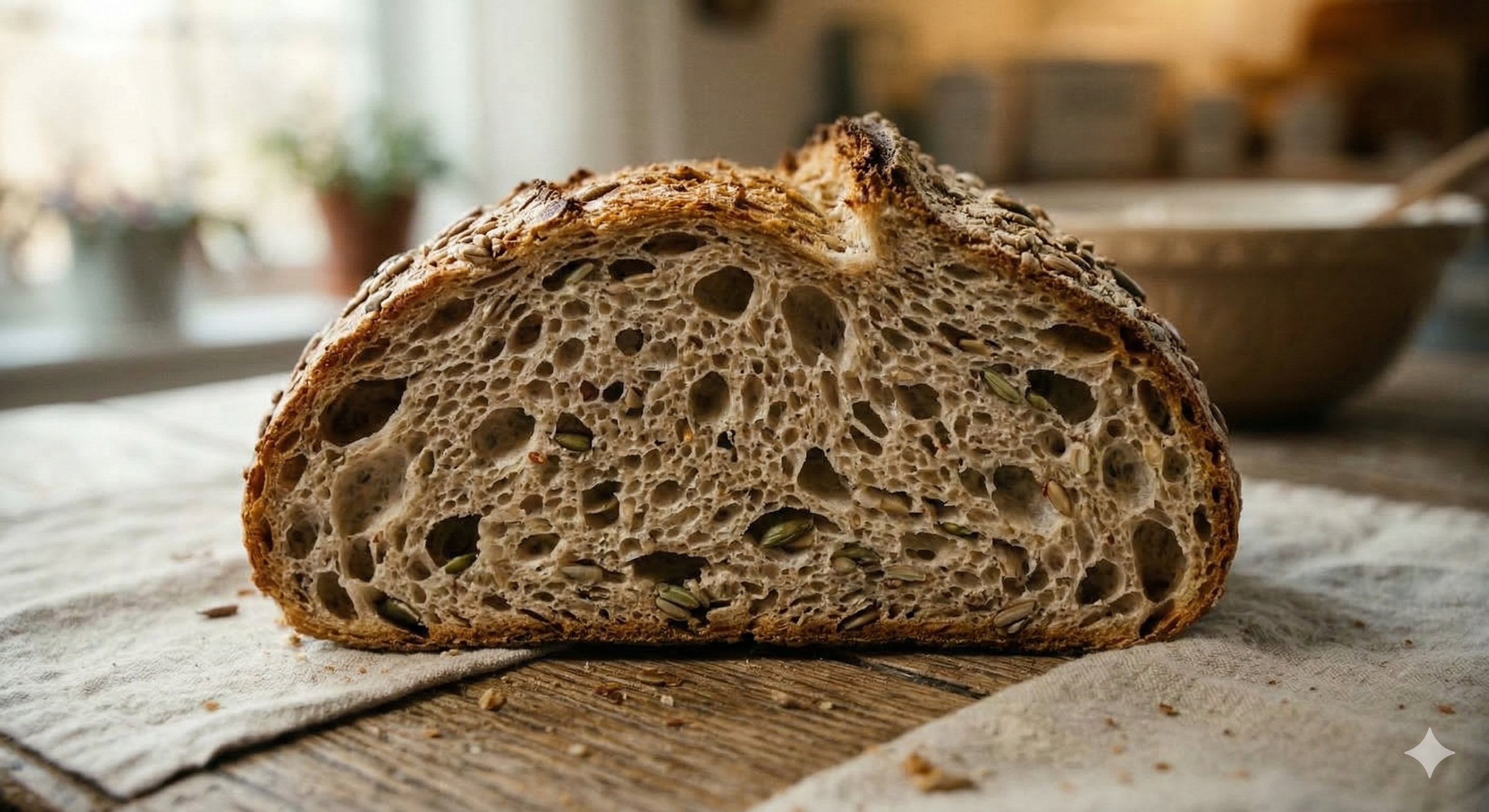 아몬드와 통밀 가루 배합으로 완성된 건강한 빵의 단면 질감