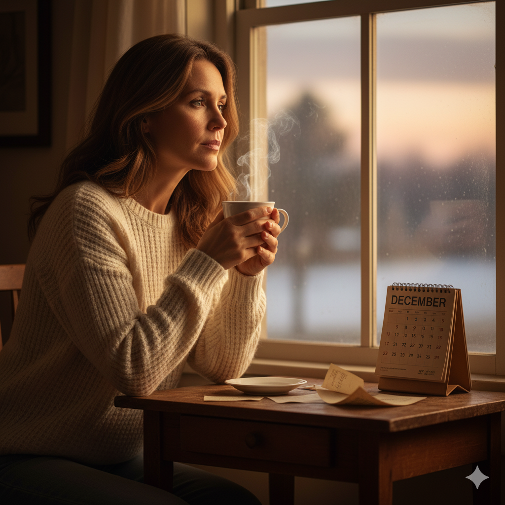 해 질 녘 창가에 기댄 채 차를 마시며 깊은 생각에 잠긴 여성.