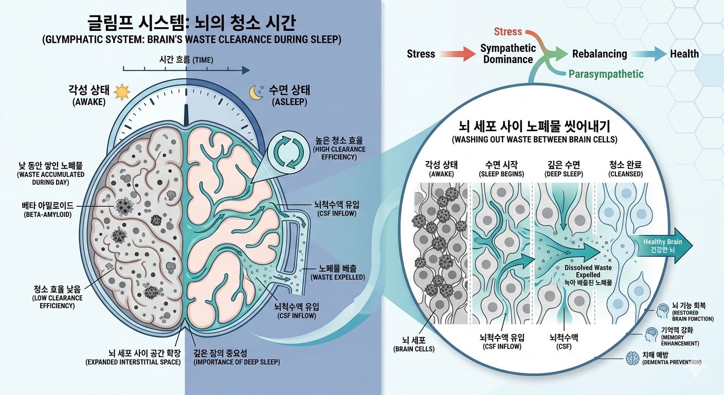 글림프 시스템의 작동 원리입니다. 잠을 자는 동안 뇌척수액이 어떻게 뇌 세포 사이의 노폐물을 씻어내는지 시각화하여 독자들이 실감하게 하는 이미지