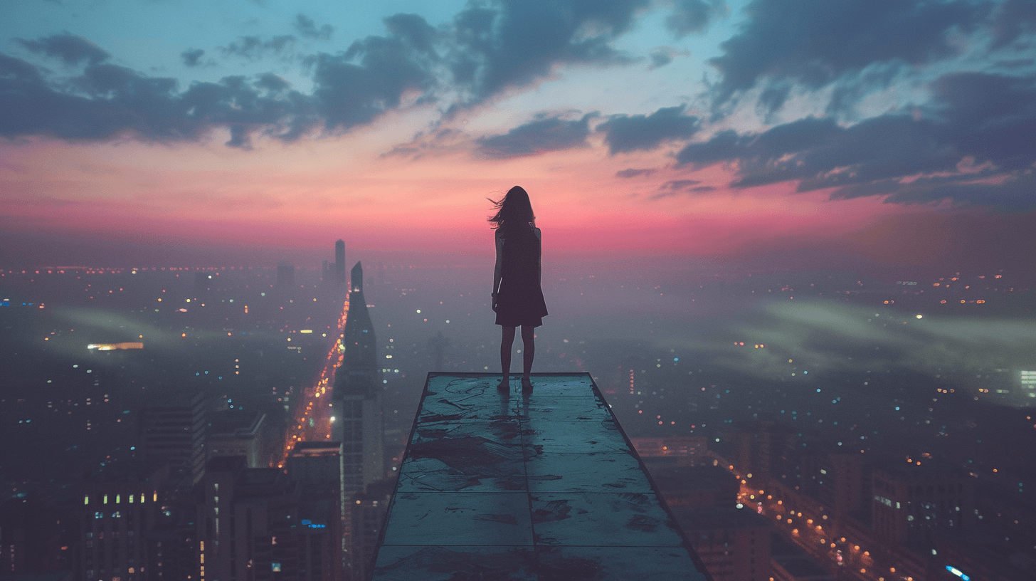 도심-옥상의-끝에-서-있는-여자