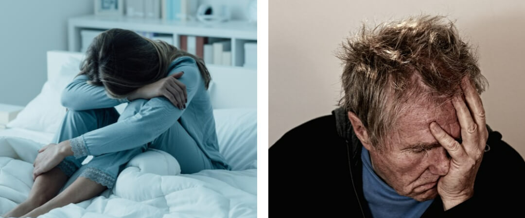 침대에서 일어나지 못하는 사진, 얼굴을 감싸쥐고 피로해 보이는 사진