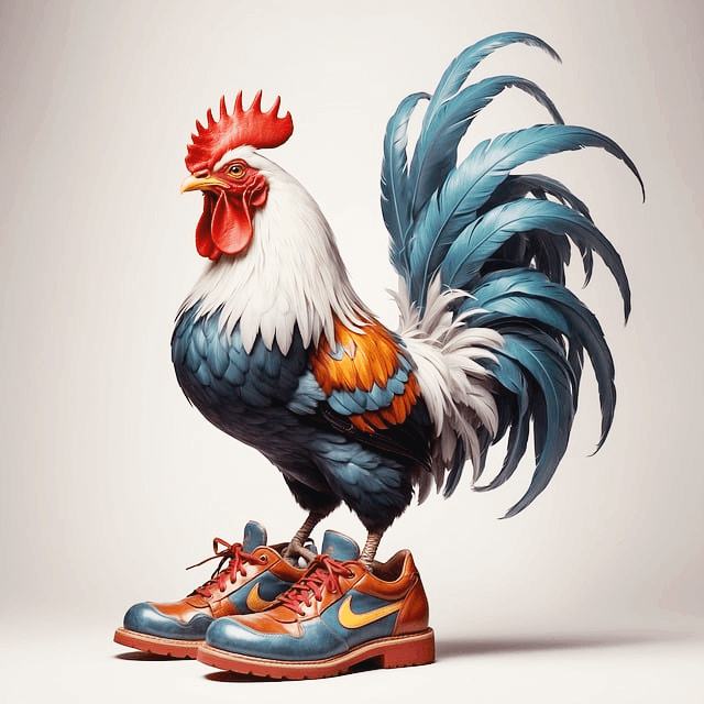 파란색 깃털을 가진 수탉이 있다. 빨간 밝벼슬을 가졌고 파란 나이키 운동화를 신었다.