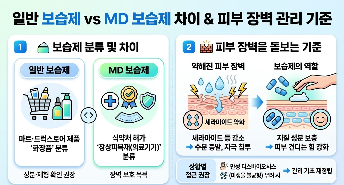 일반 보습제와 MD 보습제 차이 및 피부 장벽 관리 기준 설명 이미지