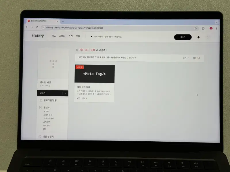 티스토리 메타 태그 등록 사용중 표시 강조 화면 사진