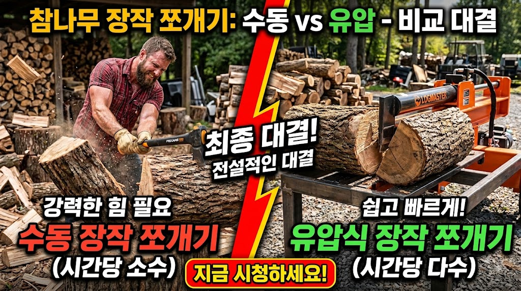 참나무 원목을 수동 도끼와 유압 도끼기로 쪼개는 작업 효율 비교 모습