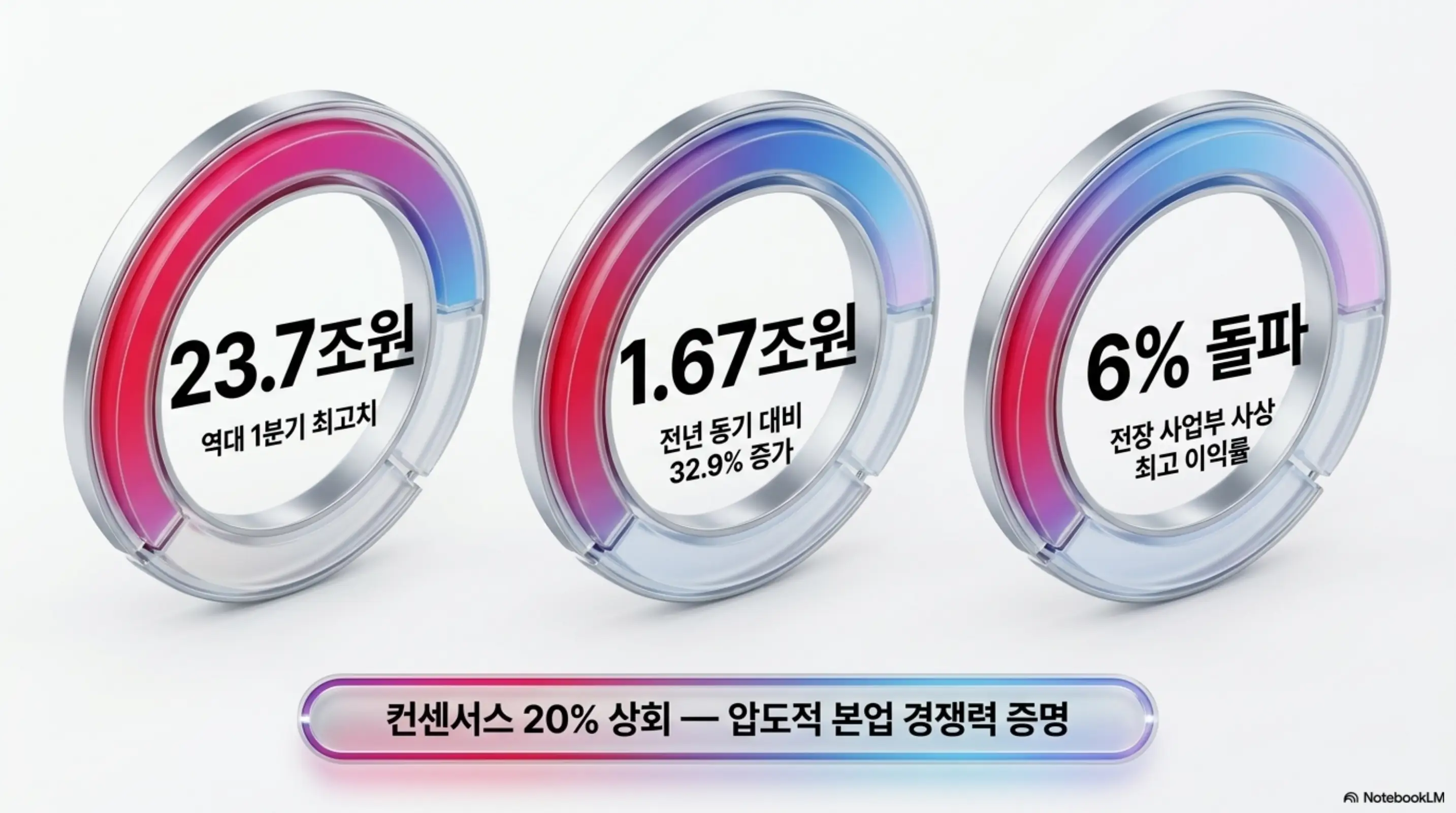 LG전자 2026년 1분기 핵심 실적을 3개 원형 그래픽으로 요약한 이미지. 매출 23.7조원 역대 1분기 최고치와 영업이익 1.67조원 전년 대비 32.9% 증가 그리고 전장 사업부 영업이익률 6% 돌파를 보여주며 컨센서스 20% 상회 어닝 서프라이즈를 시각적으로 전달함