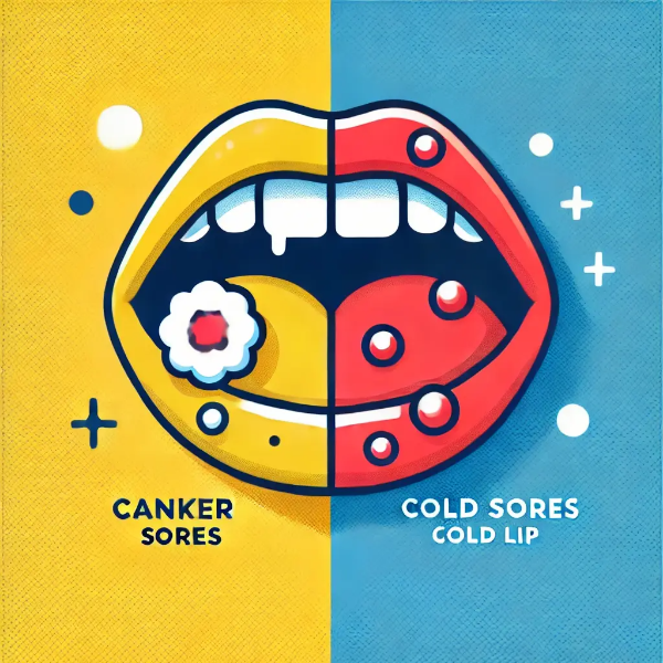 구내염과 입술포진 비교 일러스트 &ndash; 입 안과 입술 바깥 증상을 나타내는 아이콘 구성