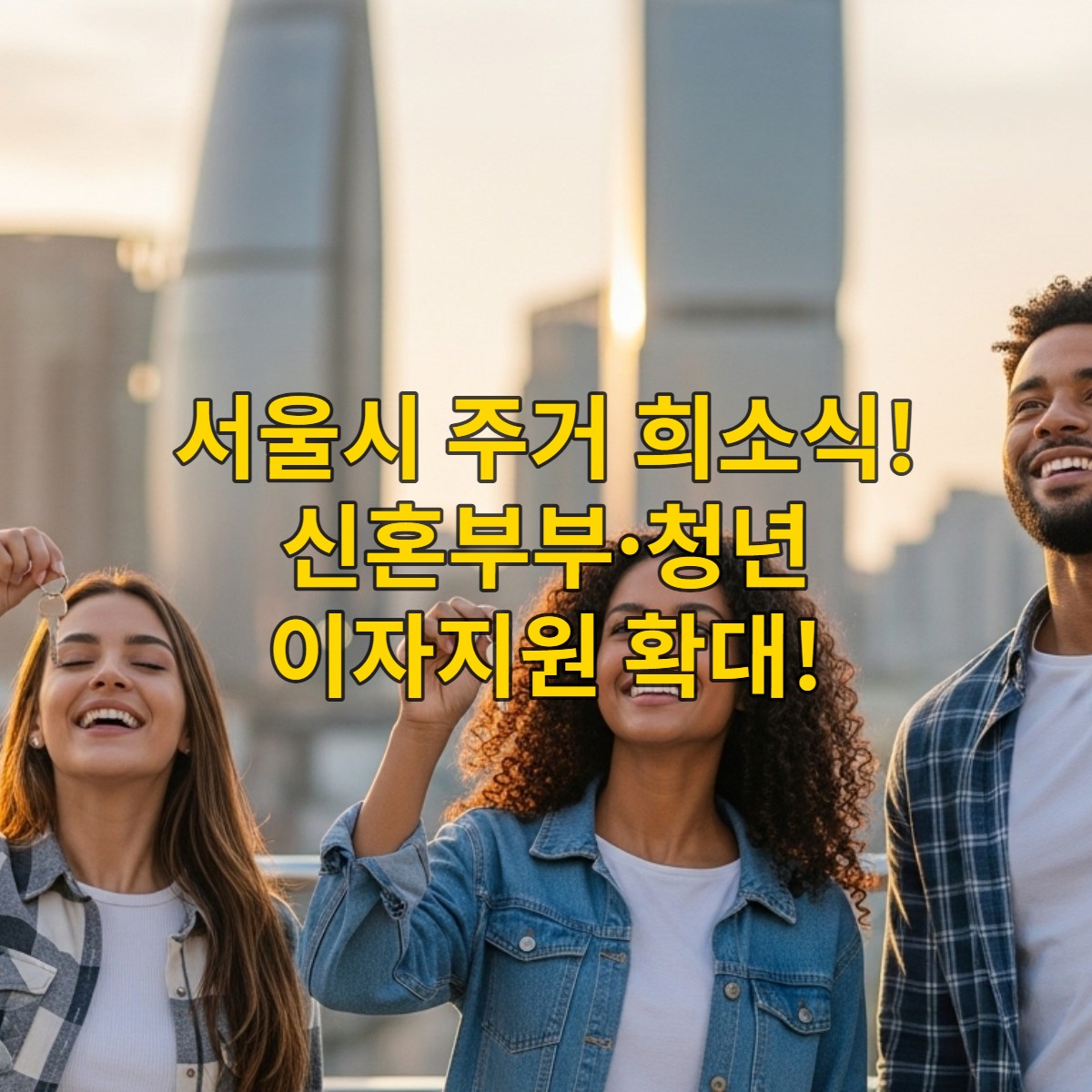 서울 도심을 배경으로 행복하게 웃고 있는 신혼부부와 청년, 안정된 주거와 미래를 상징하는 이미지