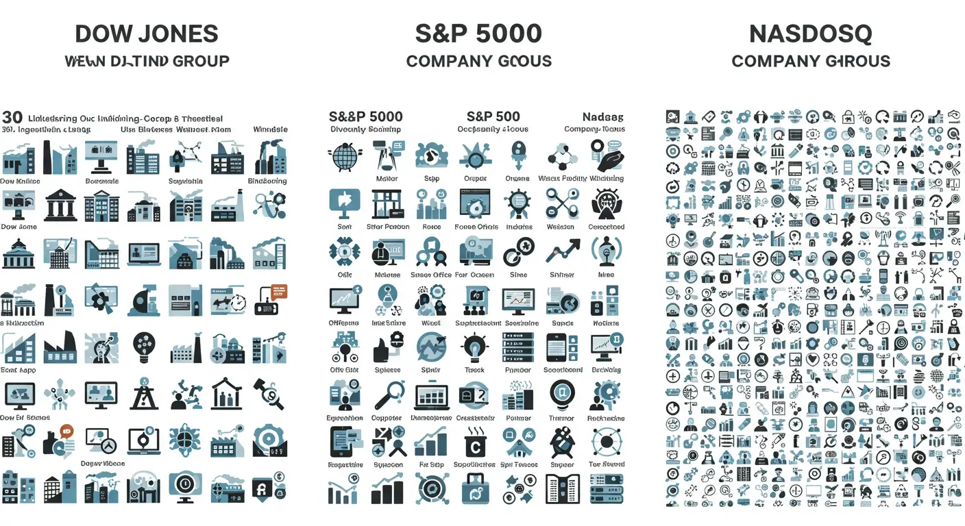 다우존스, S&amp;P 500, 나스닥 지수의 구성 종목 수와 산업 특성 비교