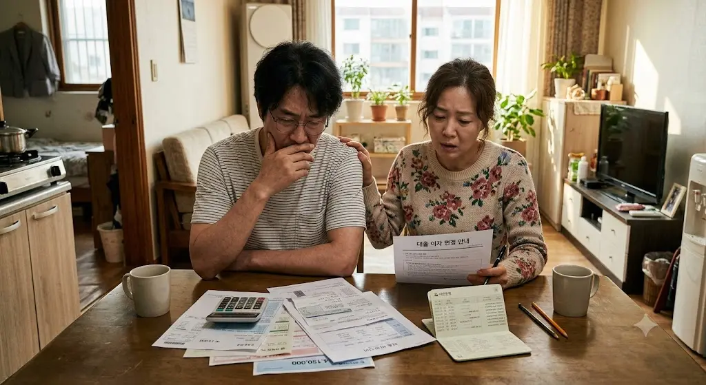 금리인상소식에 대출 걱정하는 중위소득이하 서민가정부부의 걱정어린 표정 이미지