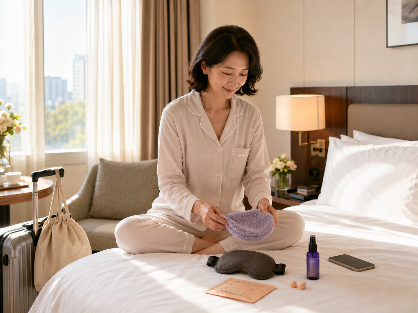 50대 여성 혼자 여행자가 편안한 잠옷을 입고 호텔 침대에 앉아 필로우 미스트, 수면 안대, 귀마개 등 숙면용품을 정리하며 휴식을 준비하는 모습