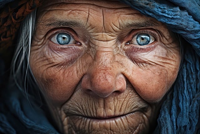 주름이-많은-할머니가-정면을-응시하고-있습니다.