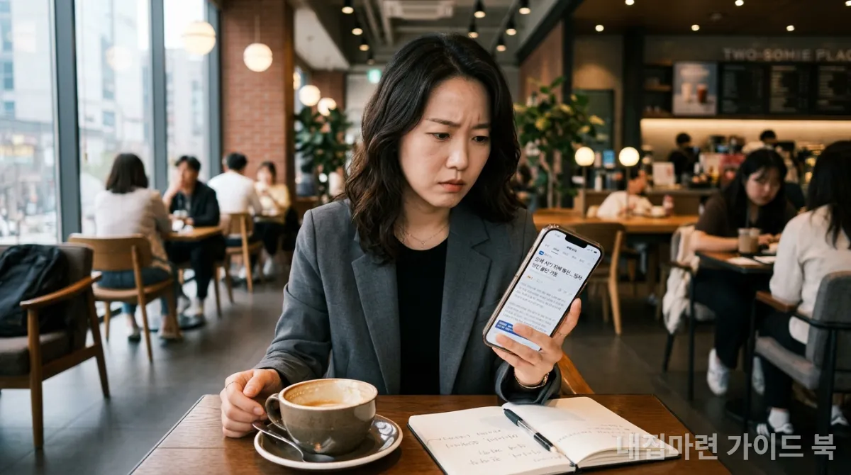 카페에서 전세사기 관련 뉴스 기사를 진지하게 읽고 있는 한국인 여성