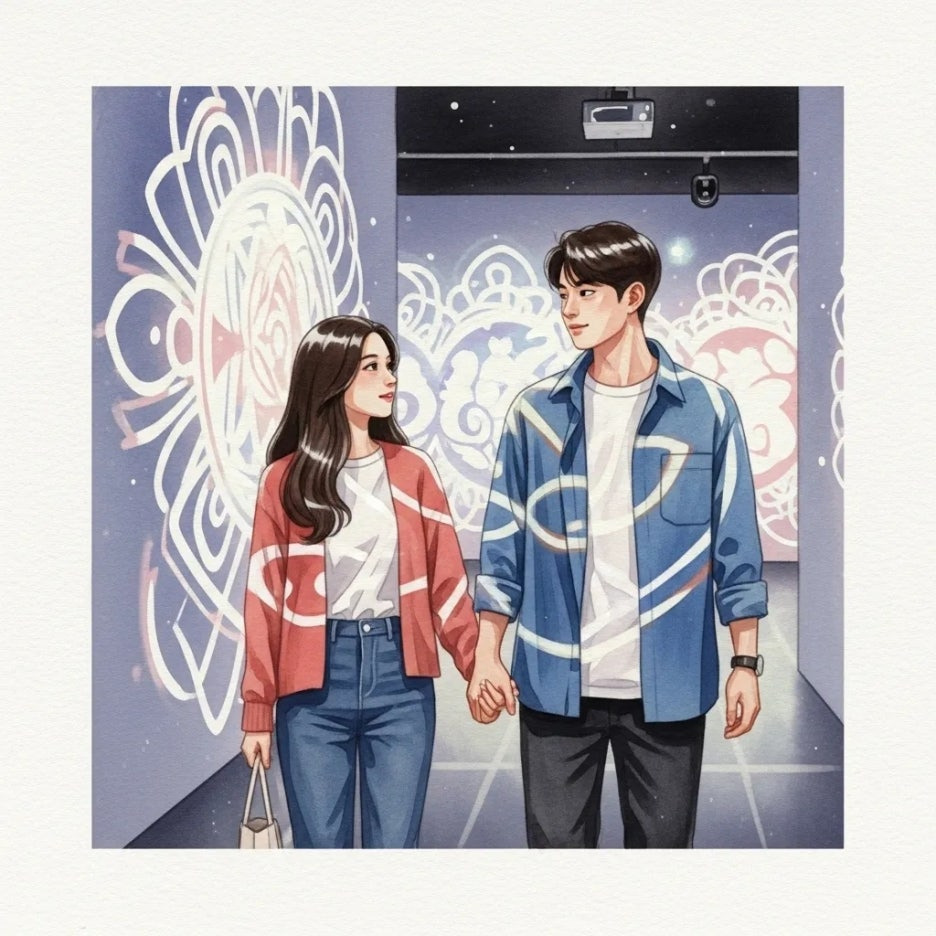 미디어아트 공간에서 손잡고 걷는 연인의 모습