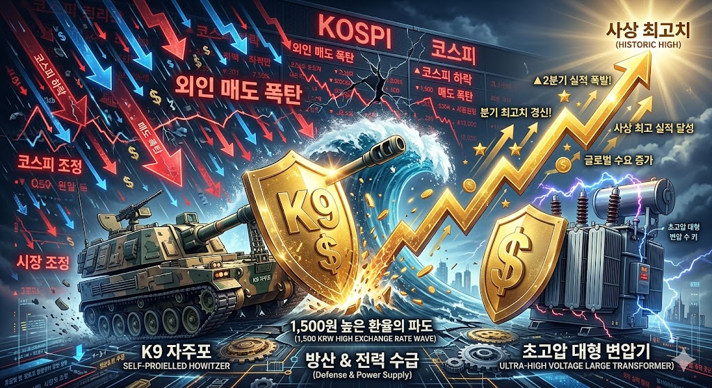 붉은색 외인 매도 폭탄(파란색 하락 화살표들과 전반적인 시장의 조정)의 거센 비바람이 몰아치는 코스피 전광판을 배경으로, 달러($) 기호가 새겨진 단단한 황금빛 방패를 든 'K9 자주포'와 '초고압 대형 변압기'가 1,500원이라는 높은 환율의 파도를 당당히 깨부수며 사상 최고치 실적 우상향 곡선을 그려나가는 하이테크 3D 그래픽 일러스트 이미지.