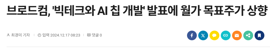 브로드컴, '빅테크와 AI 칩 개발' 발표에 월가 목표주가 상향