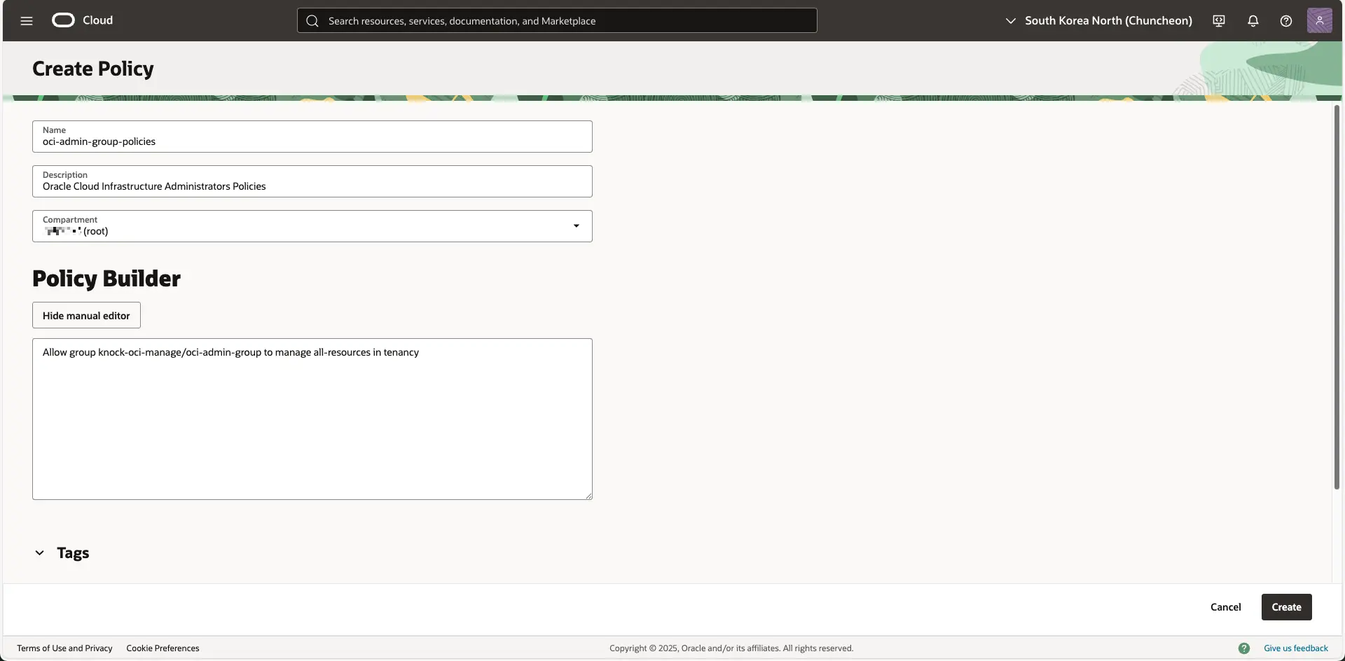 오라클 클라우드 - [ Identity &amp; Security ] - [ Policies ] - [ Create Policy ]