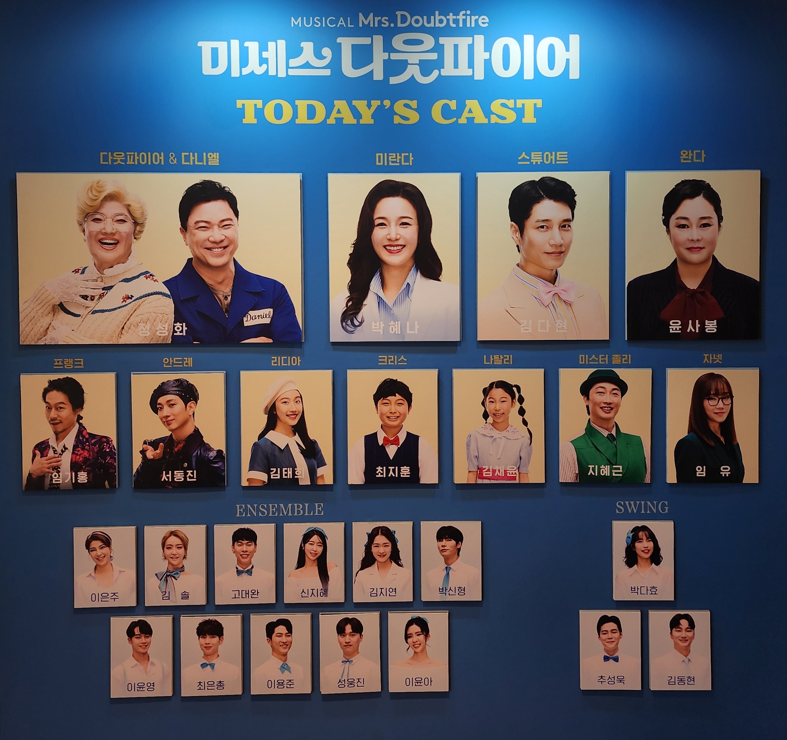 2025년 11월 9일 뮤지컬 미세스 다웃 파이어 캐스팅 보드
캐스트
다웃파이어 & 다니엘 역 - 정성화
미란다 역 - 박혜나
스튜어트 역 - 김다현
완다 역 - 윤사봉
프랭크 역 - 임기홍
안드레 역 - 서동진
리디아 역 - 김태희
크리스 역 - 최지훈
나탈리 역 - 김채윤
미스터 졸리 역 - 지혜근
자넷 역 - 임유
앙상블 - 이은주, 김솔, 고대완, 신지혜, 김지연, 박신형, 이윤영, 최은총, 이용준, 성웅진, 이윤아
스윙 - 박다효, 추성욱, 김동현