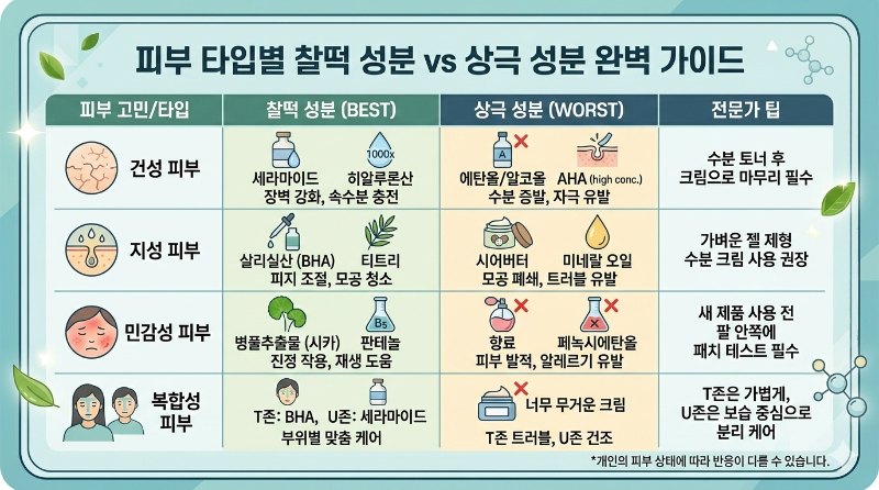 피부 타입별 찰떡 성분 상극 성분 가이드 표, 세라마이드, 히알루론산, BHA, 티트리, 시카 성분 분석