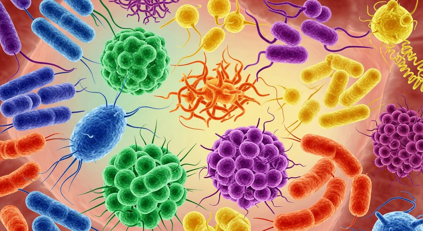 장 속 유익균과 유해균의 균형을 보여주는 마이크로바이옴의 복잡한 생태계 이미지.