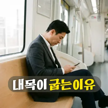 내 목이 굽는 이유
30대 한국인 직장인 남성이 출퇴근길 지하철 좌석에 앉아 고개를 깊숙이 숙인 채 스마트폰에 집중하고 있는 옆모습. 목이 거북이처럼 앞으로 심하게 빠진 체형이 강조됨.