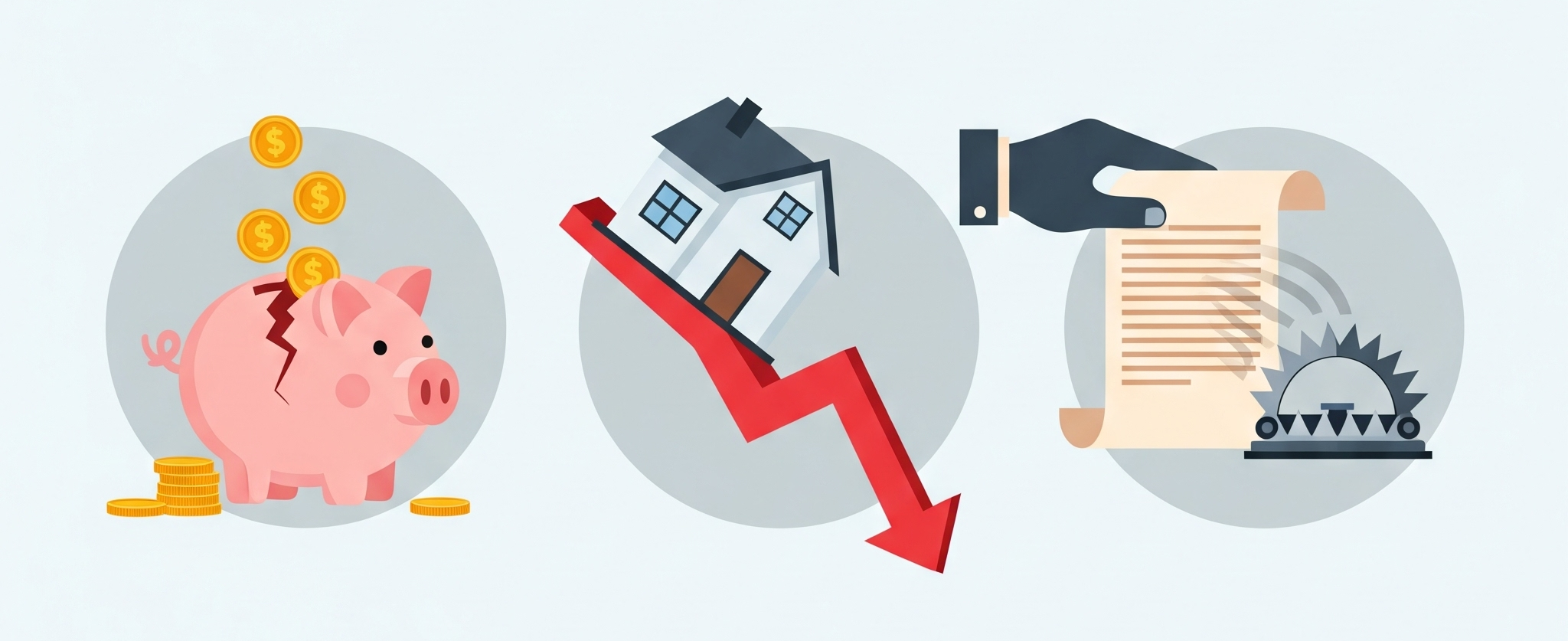 줍줍 당첨 후 자금 조달 실패, 안전마진 하락 등 현실적인 위험 요소를 나타내는 경고 아이콘