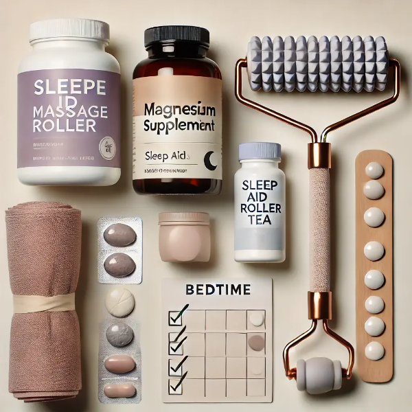 하얀 배경 위에 정리된 마그네슘 보충제, 숙면 허브차, 마사지 롤러, 야간 건강 체크리스트의 전문 스튜디오 촬영 사진