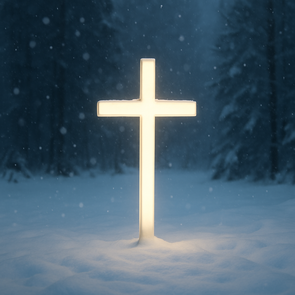 하나의 촛불 또는 눈 덮인 겨울 풍경 속의 십자가.