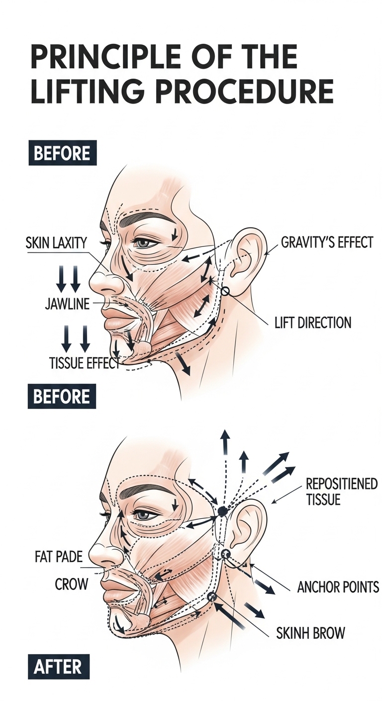 리프팅 시술의 원리를 설명하는 그래픽 이미지