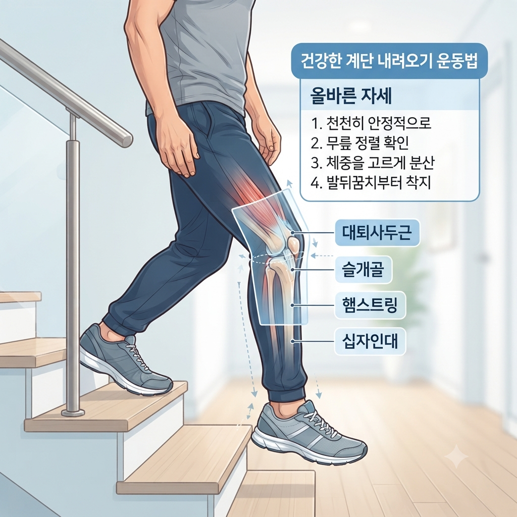 계단을 내려갈 때 무릎 부담과 올바른 운동 자세를 보여주는 건강 일러스트