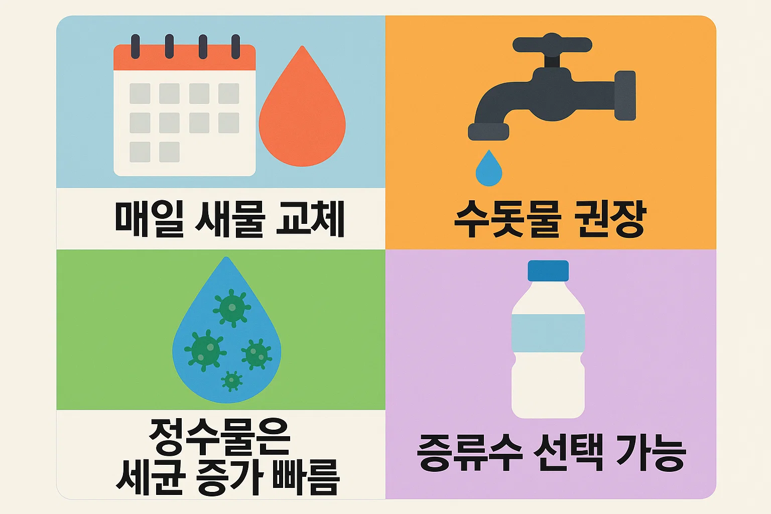 수돗물 권장, 정수물은 세균 증가 빠름, 증류수 선택 가능, 매일 새물 교체 등 가습기 물사용 시 꼭 지켜야 할 안전 기준을 시각화한 인포그래픽입니다.