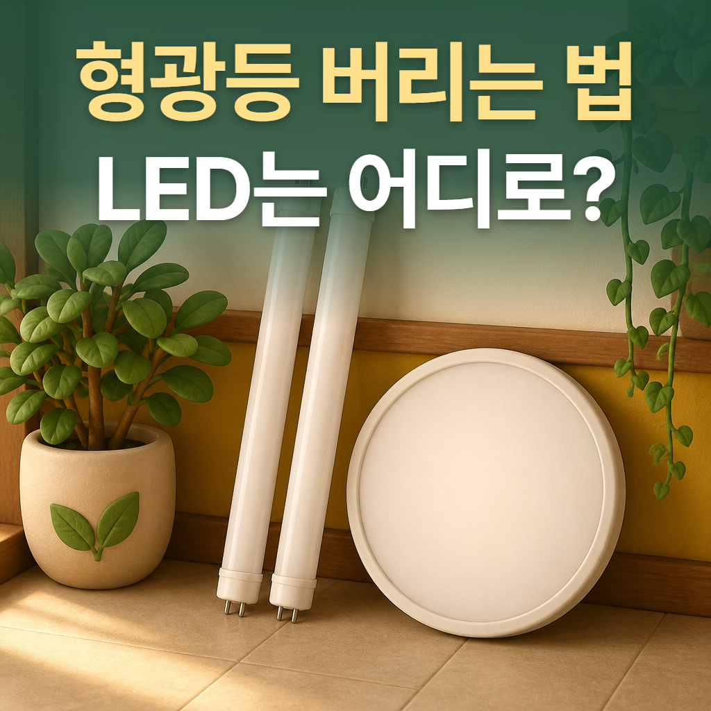 분리수거장 바닥에 세워 둔 긴 형광등과 둥근 LED 등
