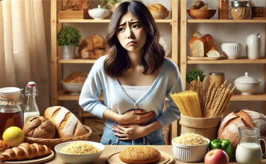 밀가루 음식을 먹고 속이 불편한 동양인 여성