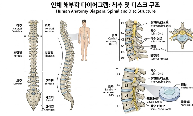 목과 허리의 척추·디스크 구조를 표현한 인체 일러스트