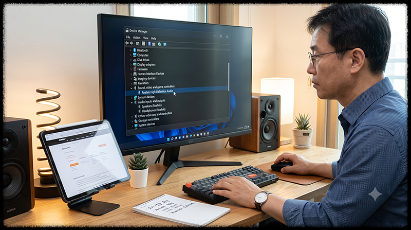 Windows 11 장치 관리자에서 오디오 드라이버와 이어폰 장치를 점검하는 모습