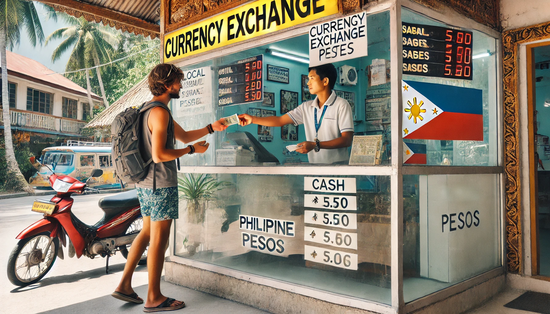 보홀 현지 환전소와 여행자가 환전하는 모습, 환율 표지판이 보이는 장면