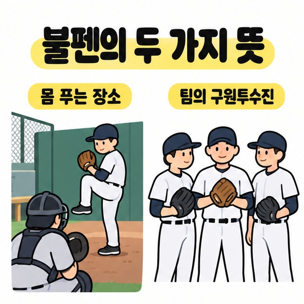 불펜의 두 가지 뜻을 포수와 준비 투구를 하는 공간 및 함께 서 있는 구원투수 세 명으로 비교한 그림