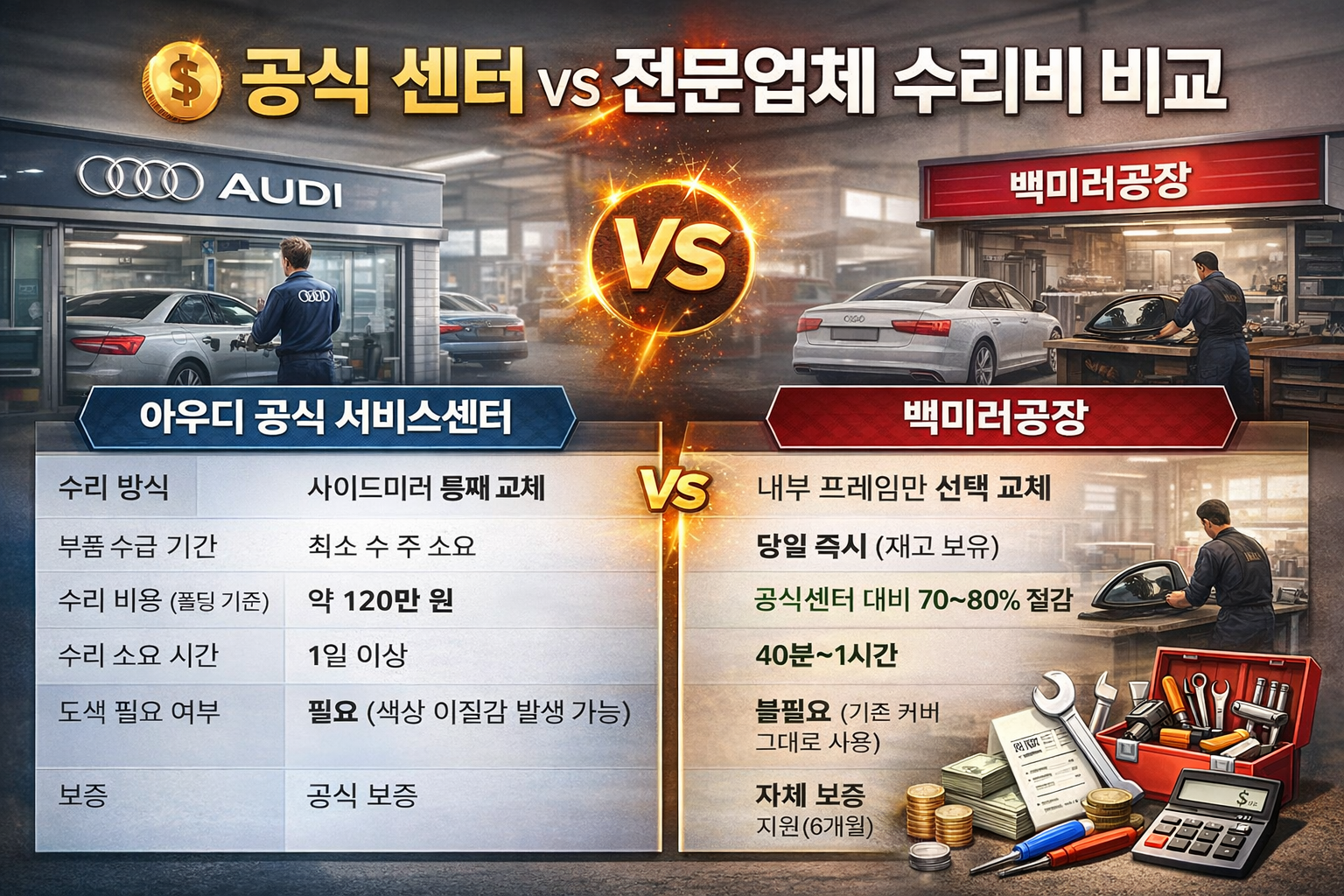 아우디 A6 사이드미러 공식센터 vs 전문업체 수리 비교표