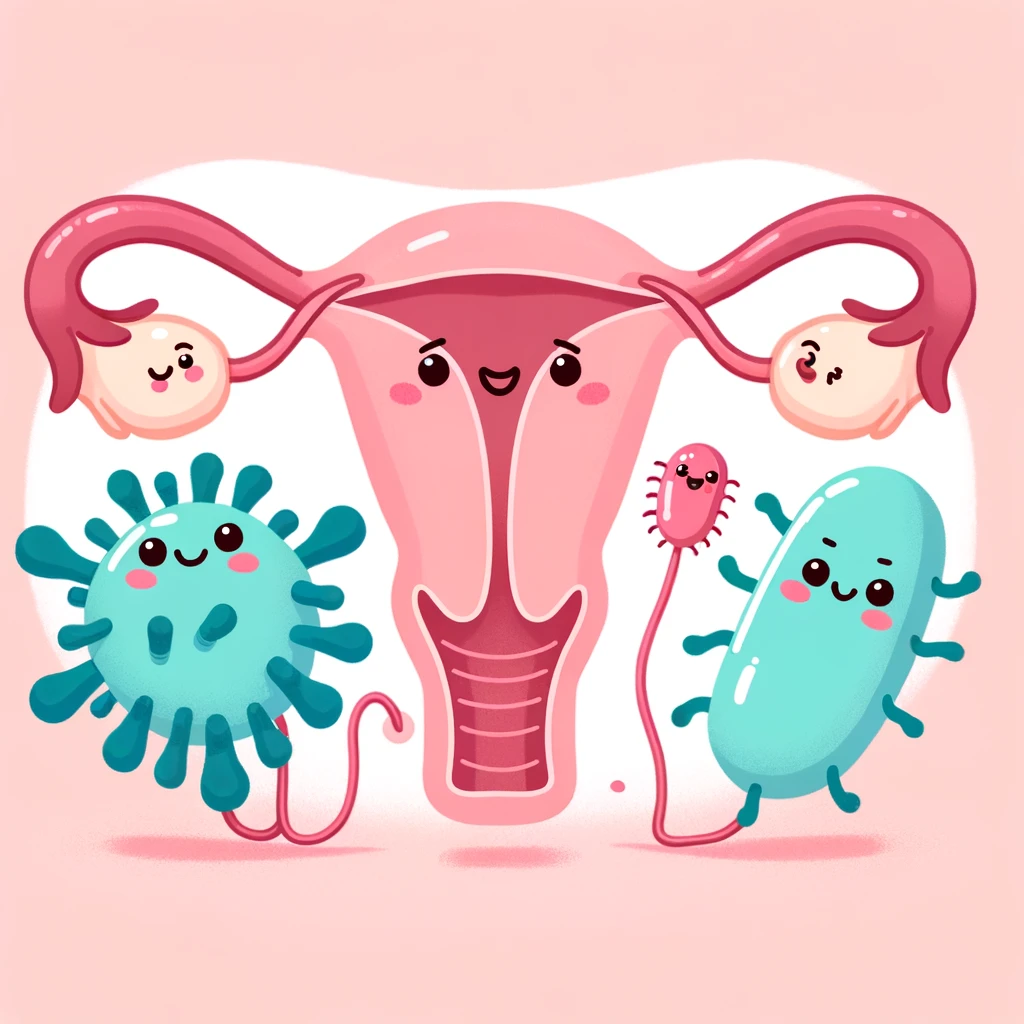 자궁 옆에 세균과 바이러스가 그려진 귀여운 일러스트 그림