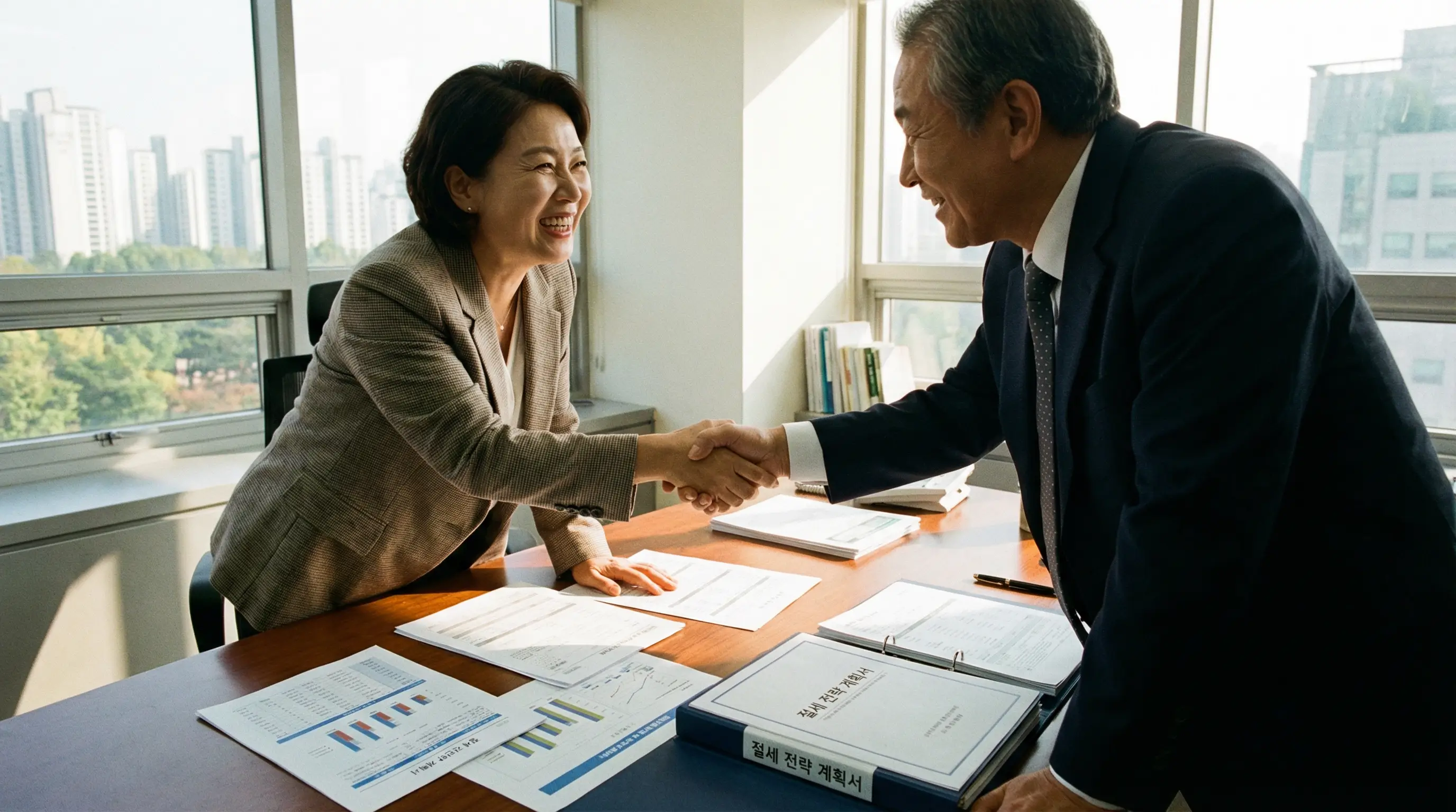 세무 전문가와 상담하며 절세 전략을 확정하고 밝게 웃으며 악수하는 상속인의 모습