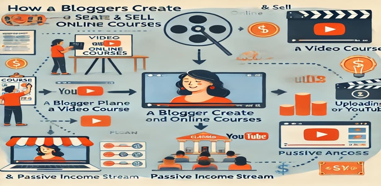 블로그에서 온라인 강의를 제작하고 판매하는 흐름을 보여주는 인포그래픽 – 강의 기획, 플랫폼 업로드, 시청자 구매, 수익 발생 구조 포함