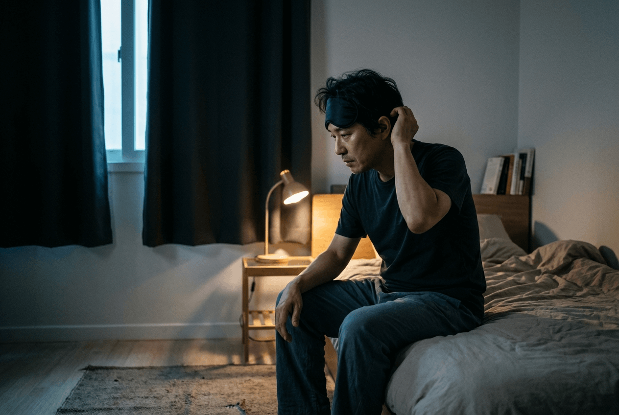 교대근무자의 멜라토닌 복용법을 설명하기 위한 어두운 방에서 수면 마스크를 착용한 한국인 성인 남성의 생활 장면