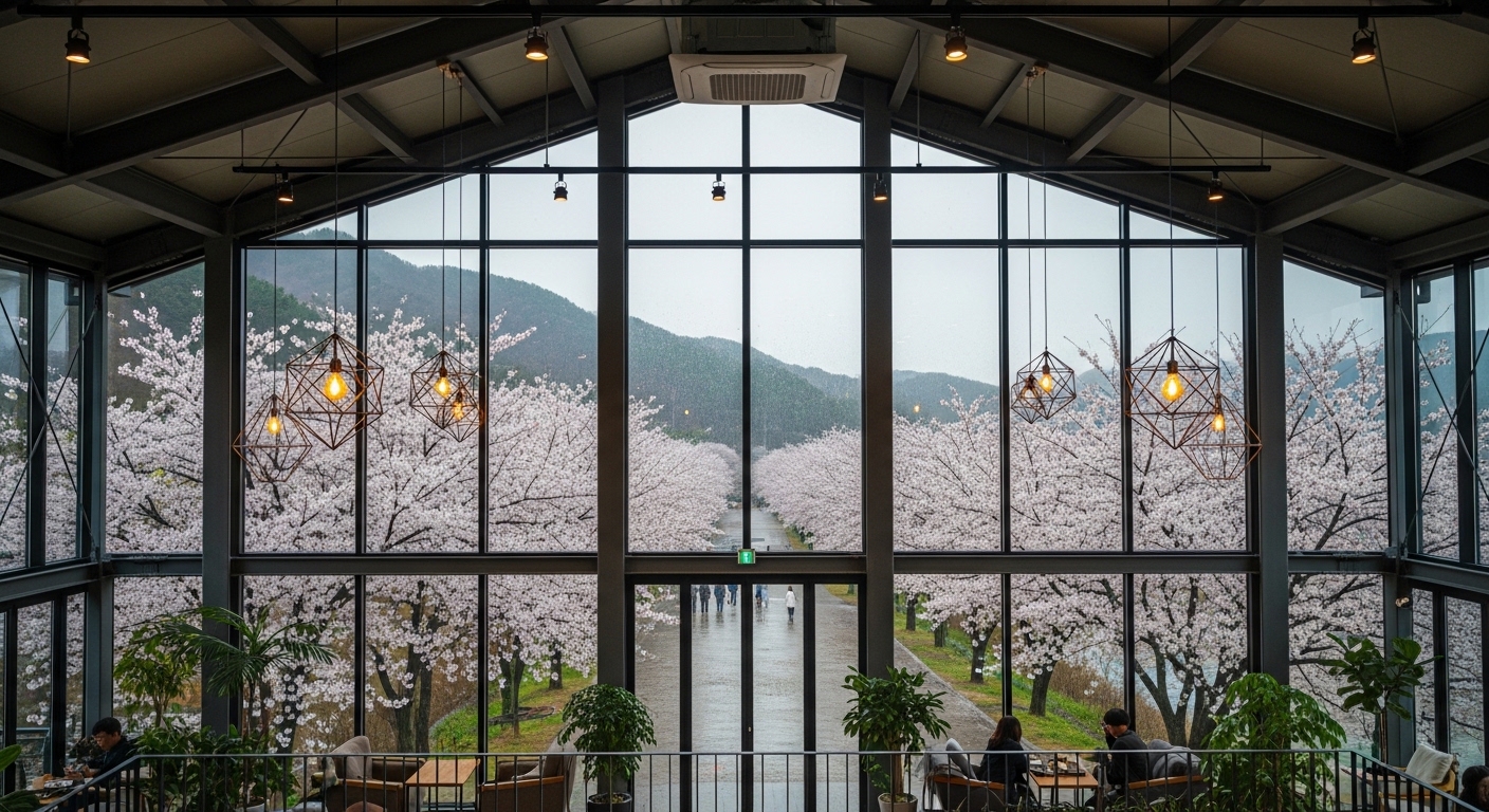 높은 층고와 전면 통창의 카페 전경