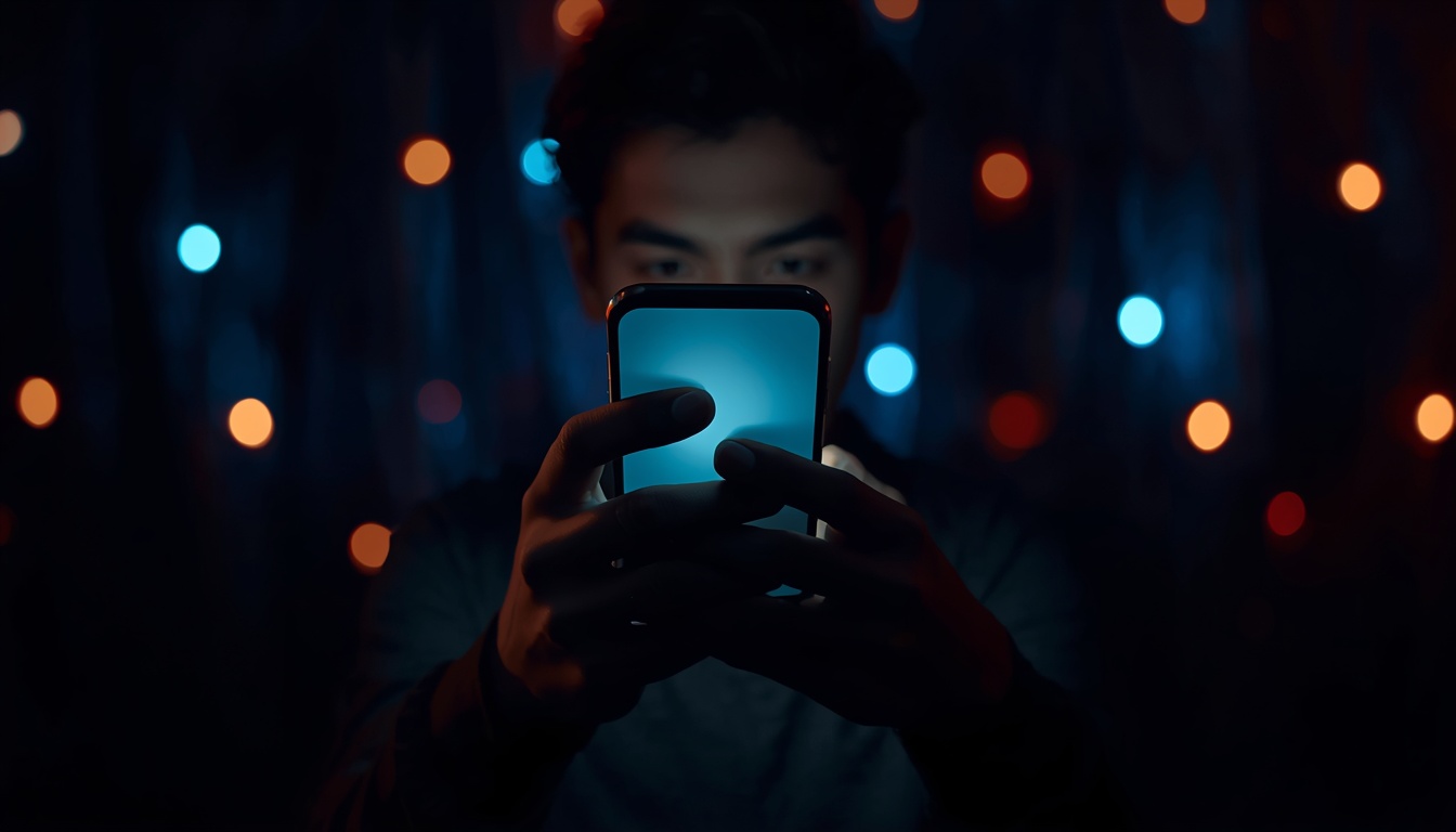 A person holding a smartphone glowing with notifications in a dark room.