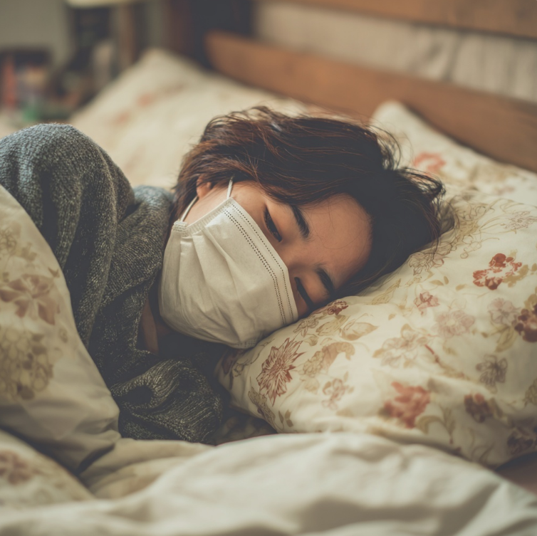 감기로 침대에서 쉬는 여성