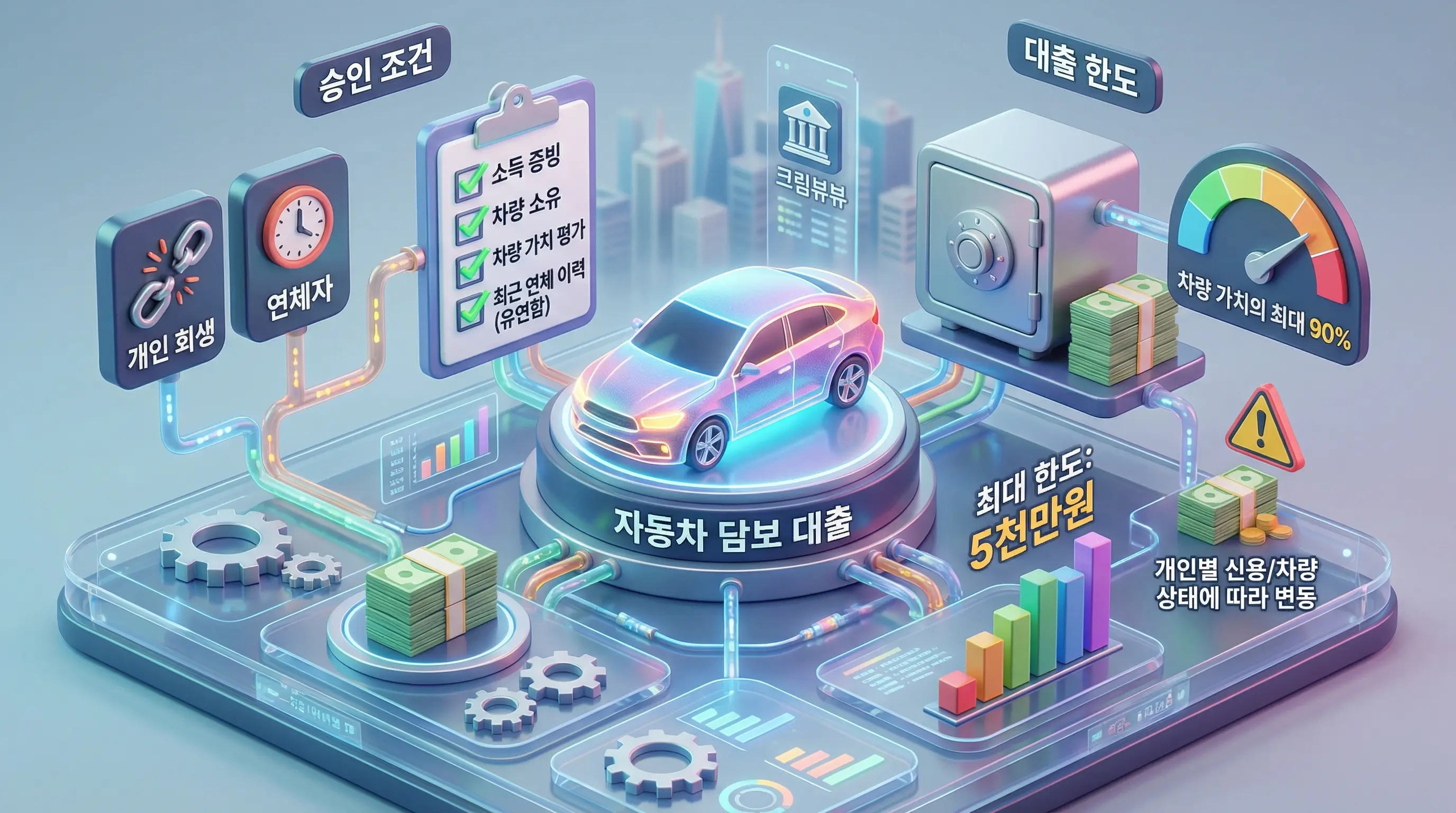 개인 회생 및 연체자도 이용 가능한 자동차 담보 대출의 승인 조건과 한도를 설명하는 3D 인포그래픽