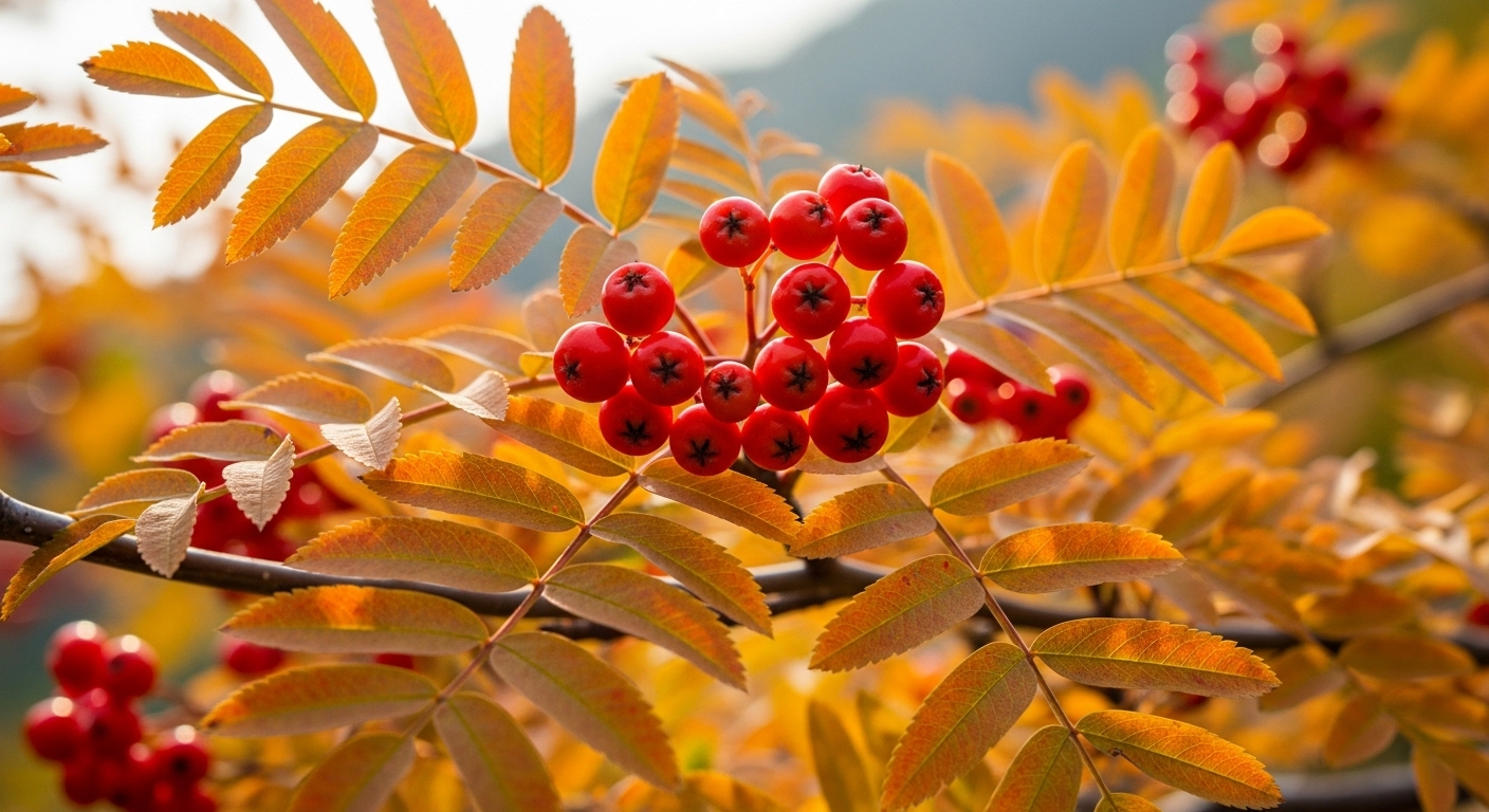 가을 햇살 아래 붉게 익은 마가목 열매와 나뭇가지의 클로즈업. 건강과 자연의 활력을 상징합니다.