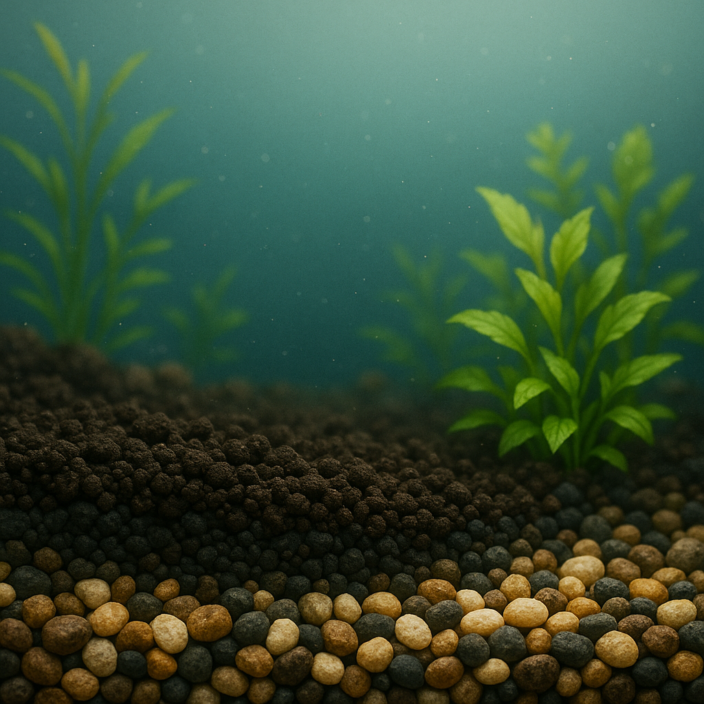 수조 바닥에 자갈과 소일이 층을 이루고 있고, 좌우에는 수초가 건강하게 자라 있는 열대어 수조 내부 모습. 부드러운 조명 아래 바닥재의 색감과 질감이 잘 드러나며, 물속은 맑고 평온한 분위기를 자아냄.