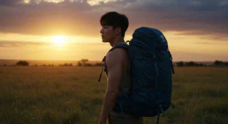 아프리카 초원에서 배낭여행객이 노을을 바라보고 있다
